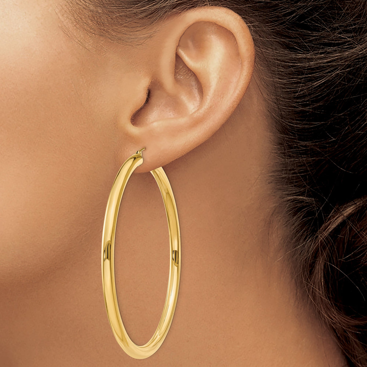 10k Yellow Gold Hoop Earrings, Medium to Large Polished Round Lightweight Design for Women