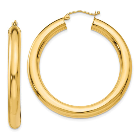 10k Yellow Gold Hoop Earrings, Classic Round Tube Design, High Polish Finish, Lightweight Style