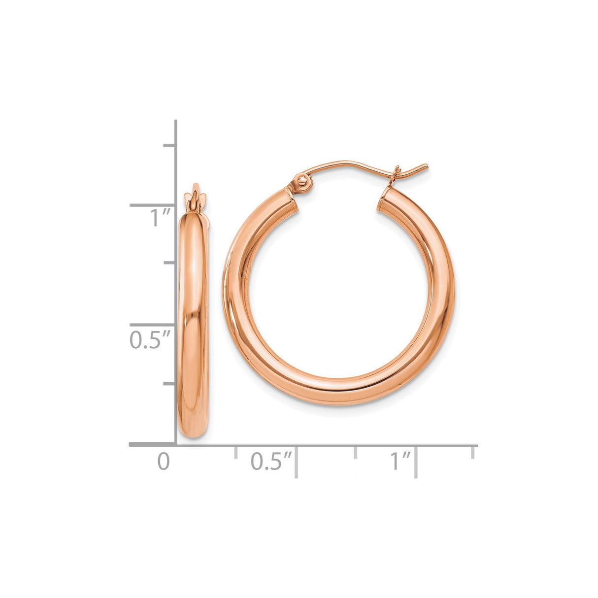 10k Rose Gold Hoop Earrings, Polished Finish, Lightweight Medium Hoops with Hinged Closure