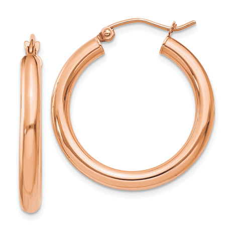 10k Rose Gold Hoop Earrings, Polished Finish, Lightweight Medium Hoops with Hinged Closure