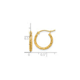 10k Yellow Gold Hoop Earrings, Diamond Cut Textured Satin Finish, Lightweight Polished Style