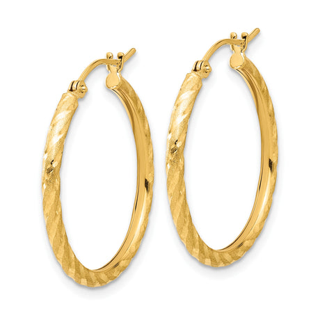 10k Yellow Gold Hoop Earrings, Twisted Textured Diamond Cut Design, Satin Finish, Medium Size