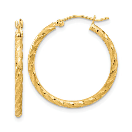 10k Yellow Gold Hoop Earrings, Twisted Textured Diamond Cut Design, Satin Finish, Medium Size