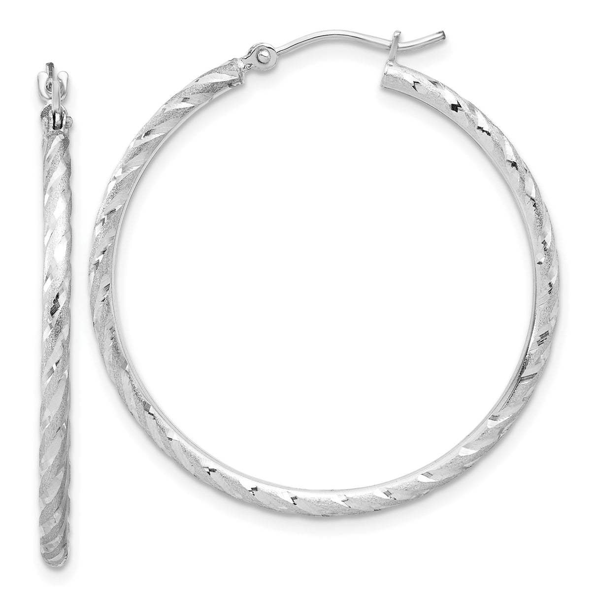 10k White Gold Hoop Earrings, Twisted Diamond Cut Textured Design for Women