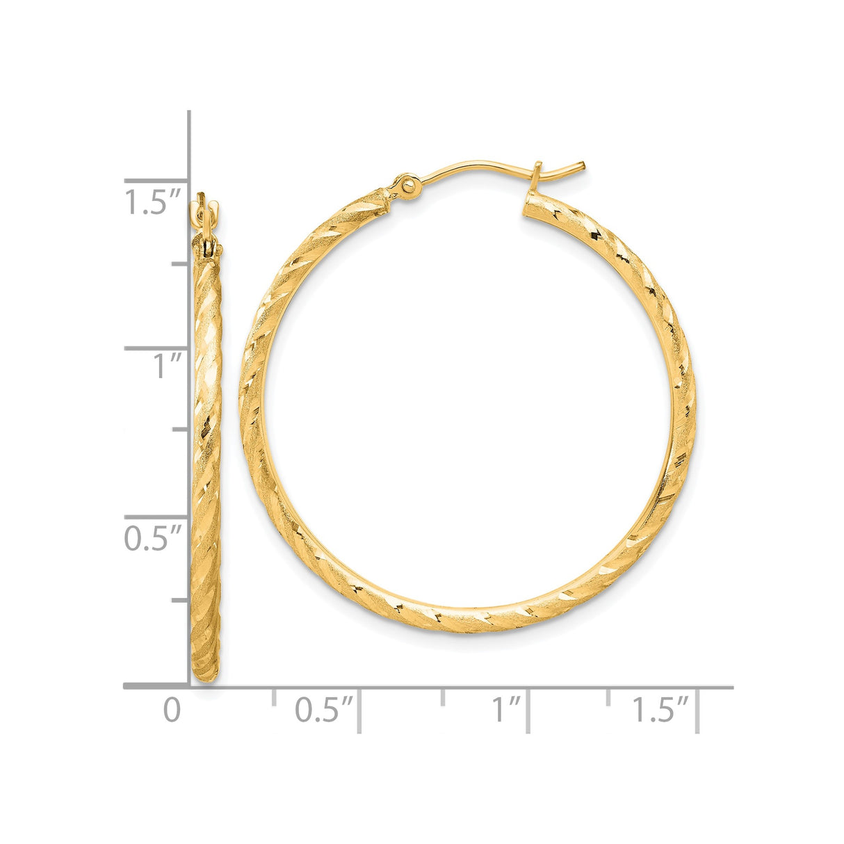 10k Yellow Gold Hoop Earrings, Twisted Diamond Cut with Textured Finish, Latch Back