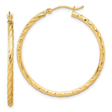 10k Yellow Gold Hoop Earrings, Twisted Diamond Cut with Textured Finish, Latch Back