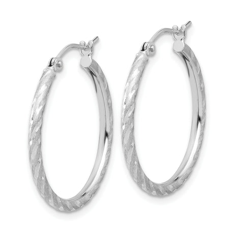 10k White Gold Twisted Hoop Earrings, Textured Diamond Cut with Satin Finish