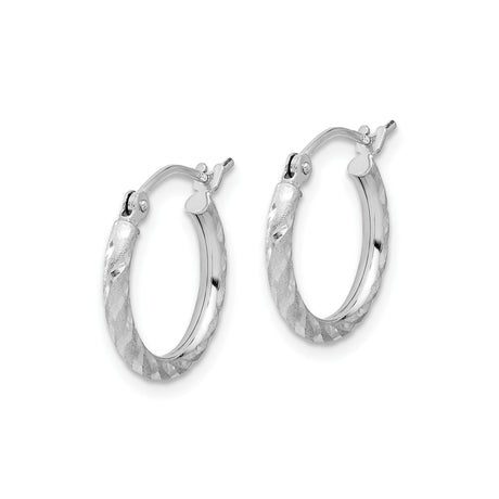 10k White Gold Hoop Earrings, Twisted Design with Diamond Cut Texture and Satin Finish