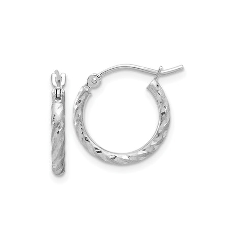 10k White Gold Hoop Earrings, Twisted Design with Diamond Cut Texture and Satin Finish