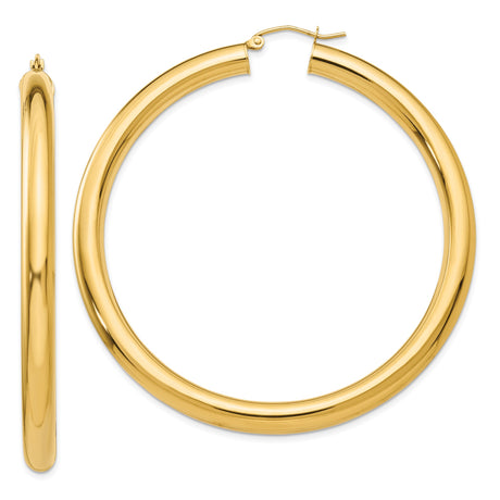 10k Yellow Gold Large Hoop Earrings, High Polish Round Tube, Lightweight Minimalist Style