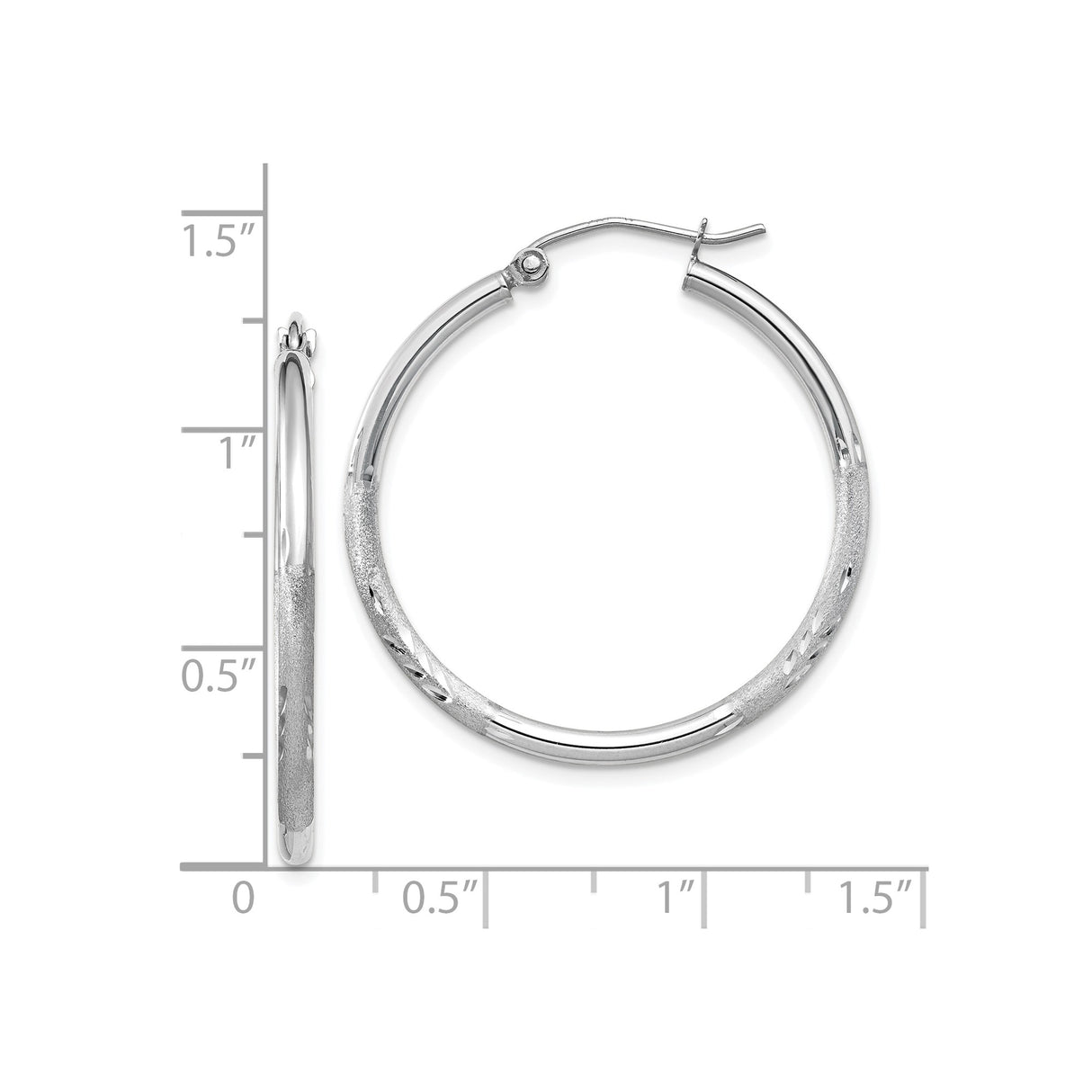 10k White Gold Hoop Earrings, Diamond Cut Texture, Polished and Satin Finish