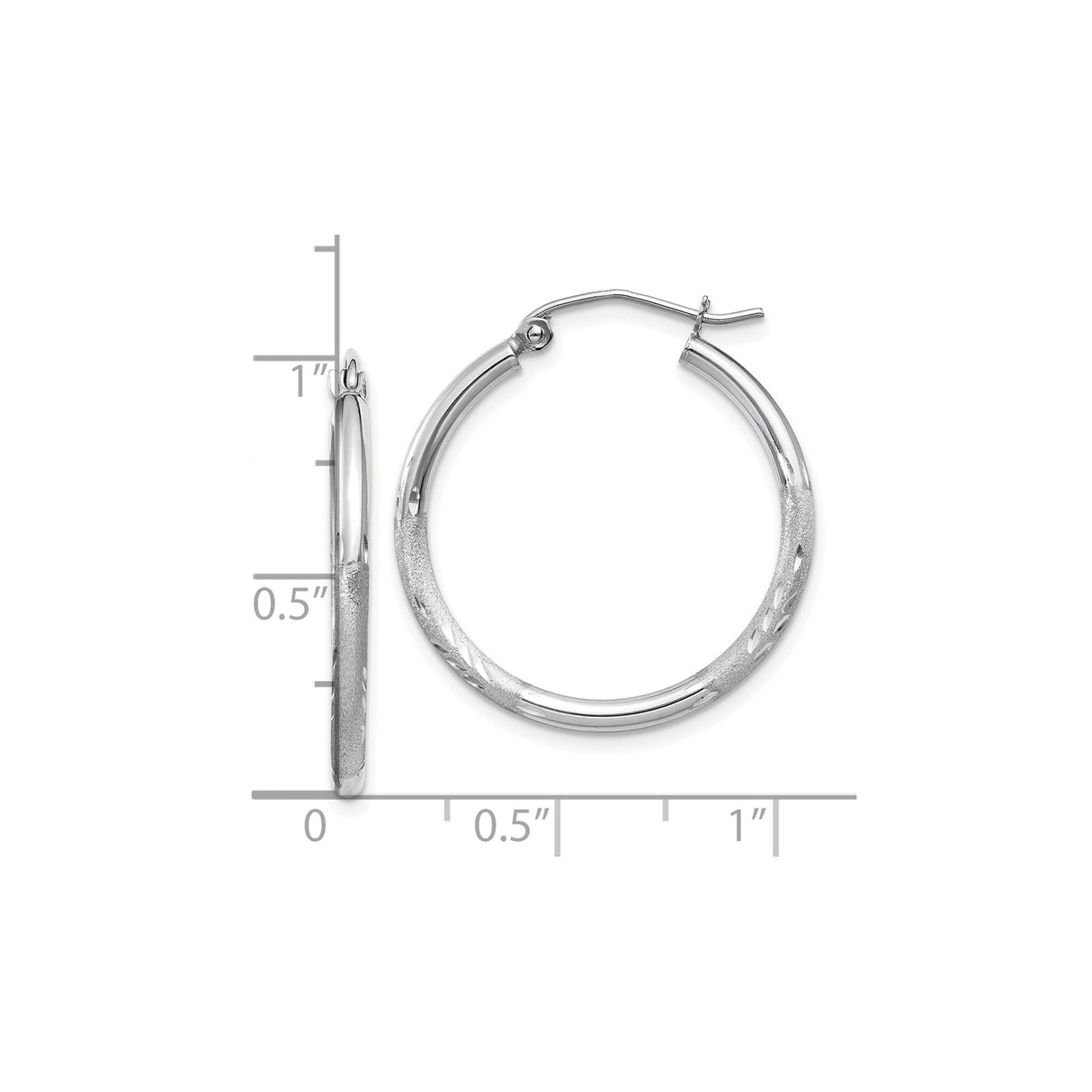 10k White Gold Hoop Earrings with Textured and Polished Finish, Diamond Cut Design