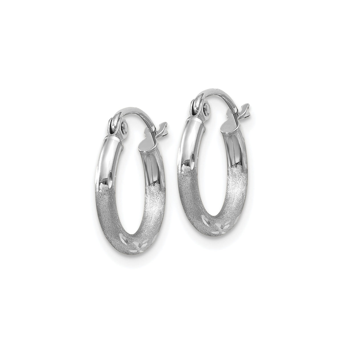 10k White Gold Hoop Earrings with Textured Satin Finish and Diamond Cut Accents