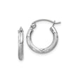 10k White Gold Hoop Earrings with Textured Satin Finish and Diamond Cut Accents