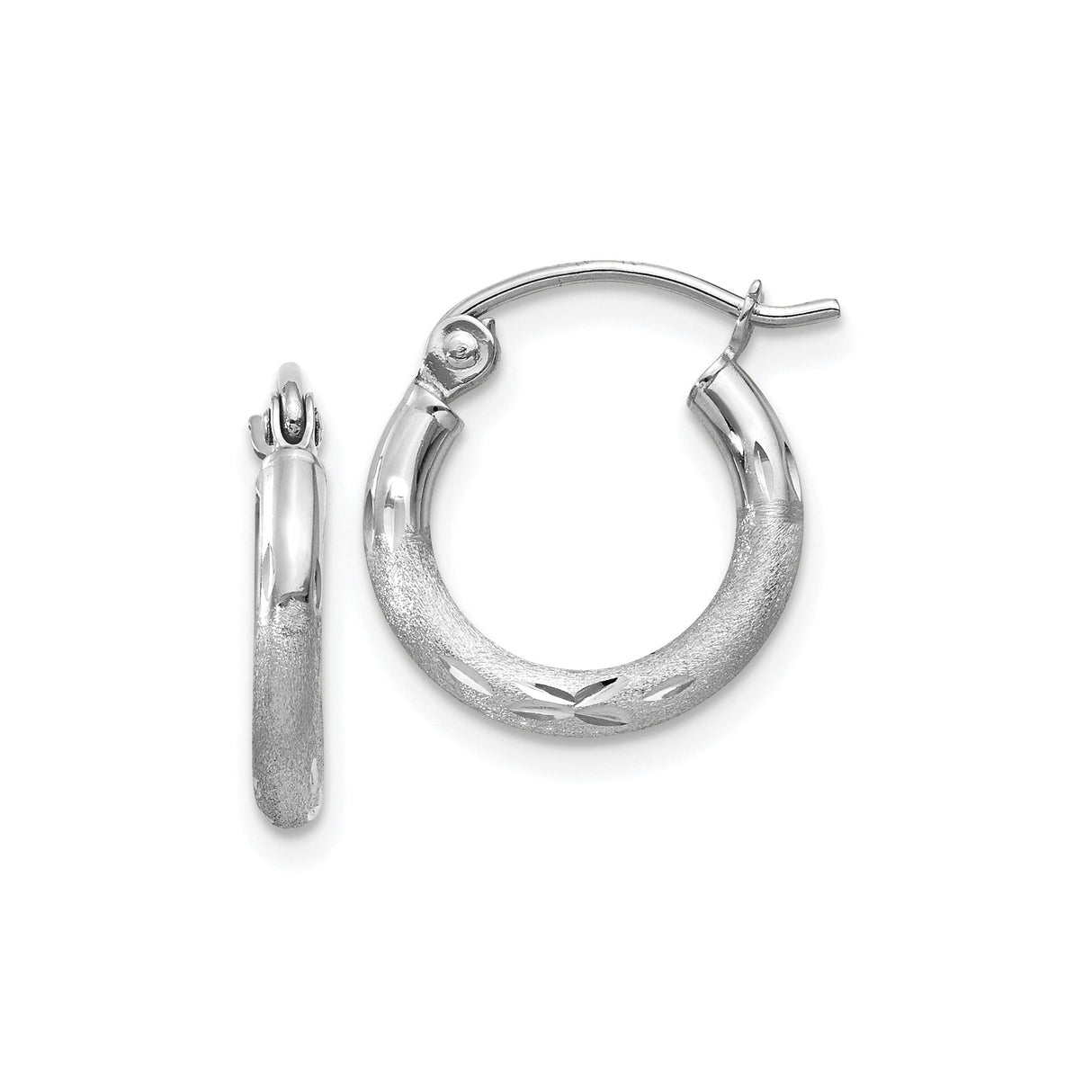 10k White Gold Hoop Earrings with Textured Satin Finish and Diamond Cut Accents