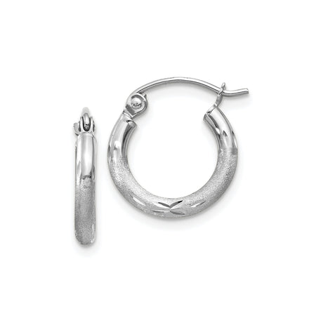 10k White Gold Hoop Earrings with Textured Satin Finish and Diamond Cut Accents
