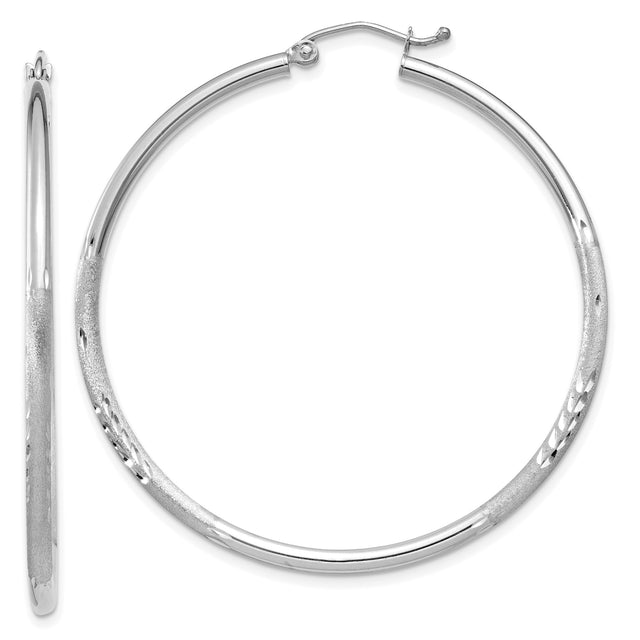 10k White Gold Hoop Earrings, Polished and Textured with Diamond-Cut Detailing, Lightweight Design