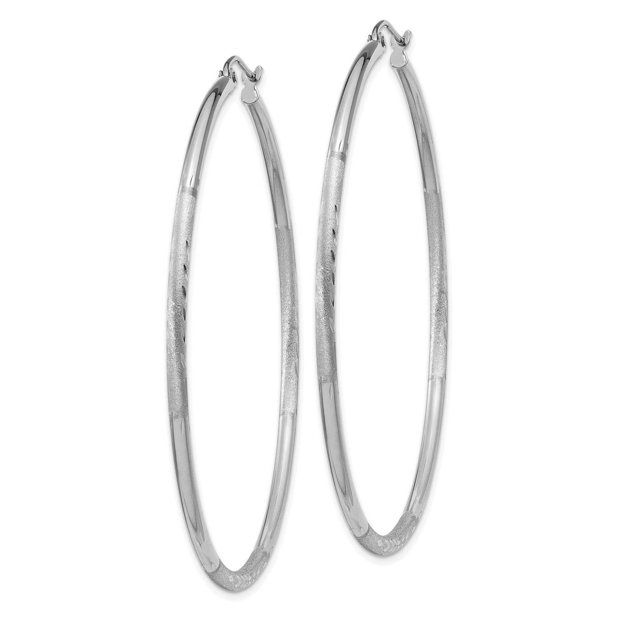 10k White Gold Hoop Earrings with Polished Finish and Etched Leaf Design for Women