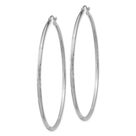 10k White Gold Hoop Earrings with Etched Leaf Pattern and Satin Finish