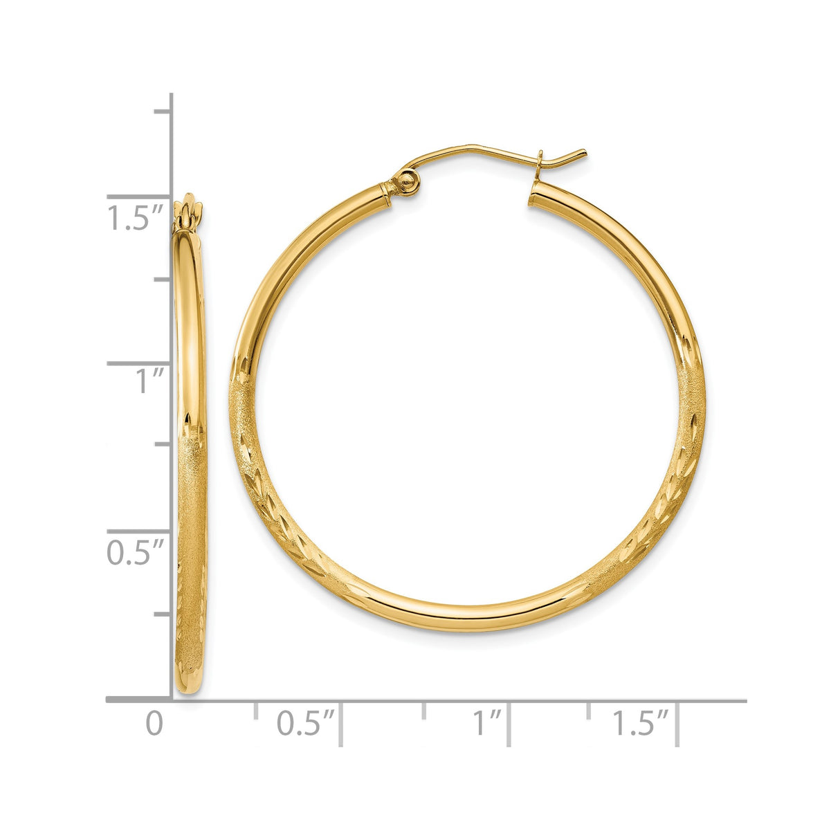 10k Yellow Gold Hoop Earrings, Polished Textured Design with Diamond-Cut Detailing, 2mm Round Tube Style