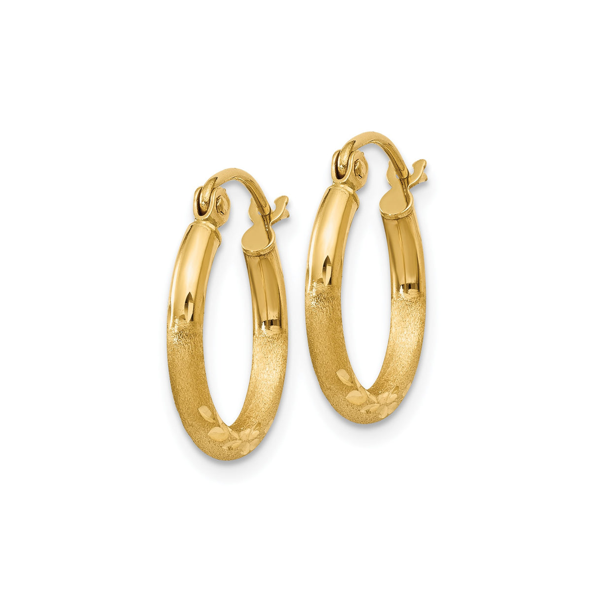10k Yellow Gold Hoop Earrings with Polished and Textured Leaf Pattern Design for Women