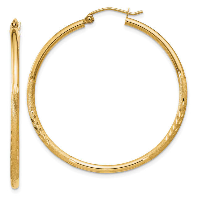 10k Yellow Gold Hoop Earrings with Textured and Polished Finish, Lightweight Round Tube Design