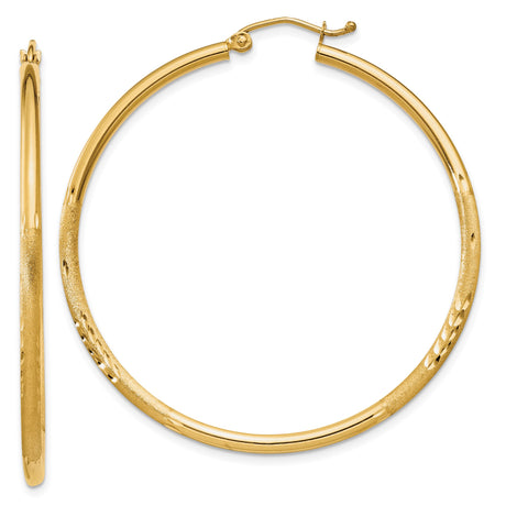 10k Yellow Gold Hoop Earrings, Polished Diamond-Cut Round Hoops with Textured Finish