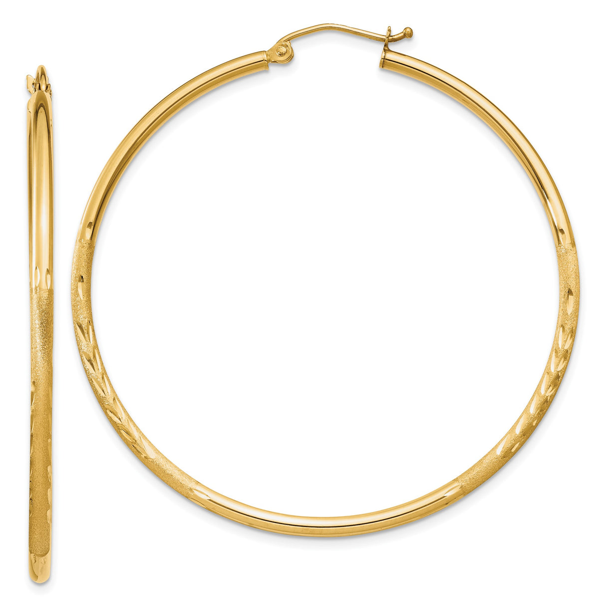 10k Yellow Gold Hoop Earrings, Diamond Cut Round Tube with Polished and Satin Finish