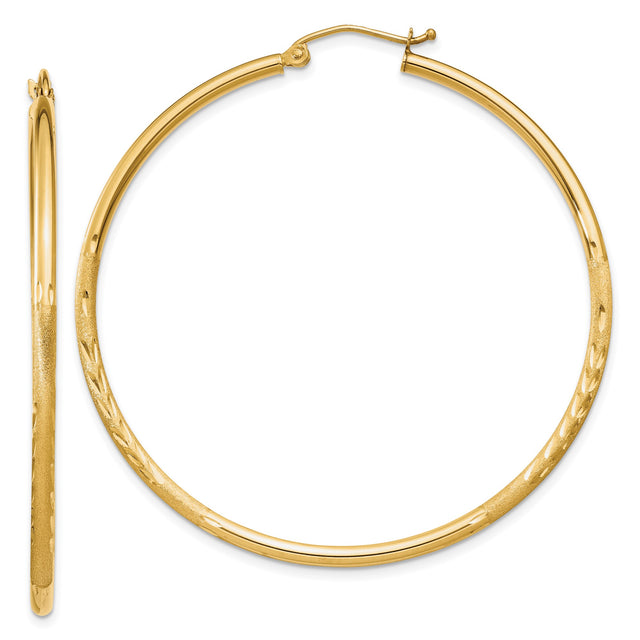 10k Yellow Gold Hoop Earrings, Diamond Cut Round Tube with Polished and Satin Finish