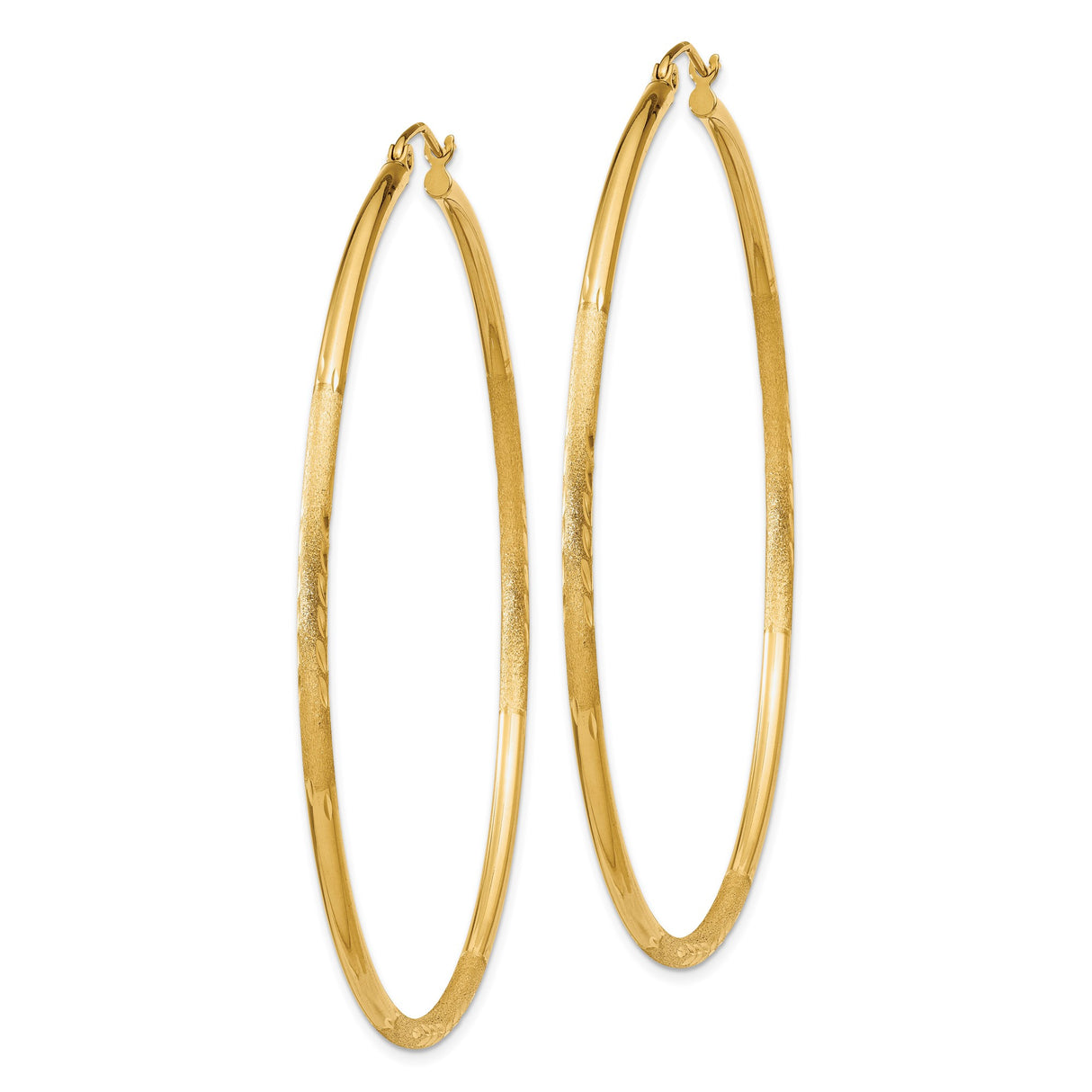 10k Yellow Gold Hoop Earrings, Large Lightweight Round Tube with Etched Accents