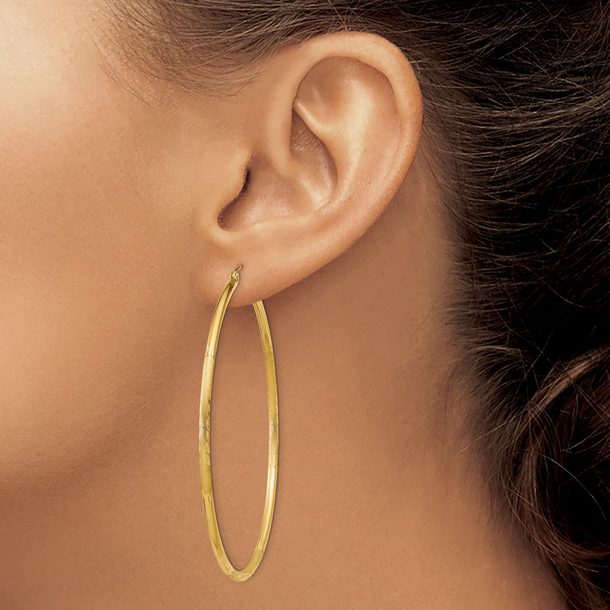 10k Yellow Gold Hoop Earrings, Large Lightweight Round Tube with Etched Accents