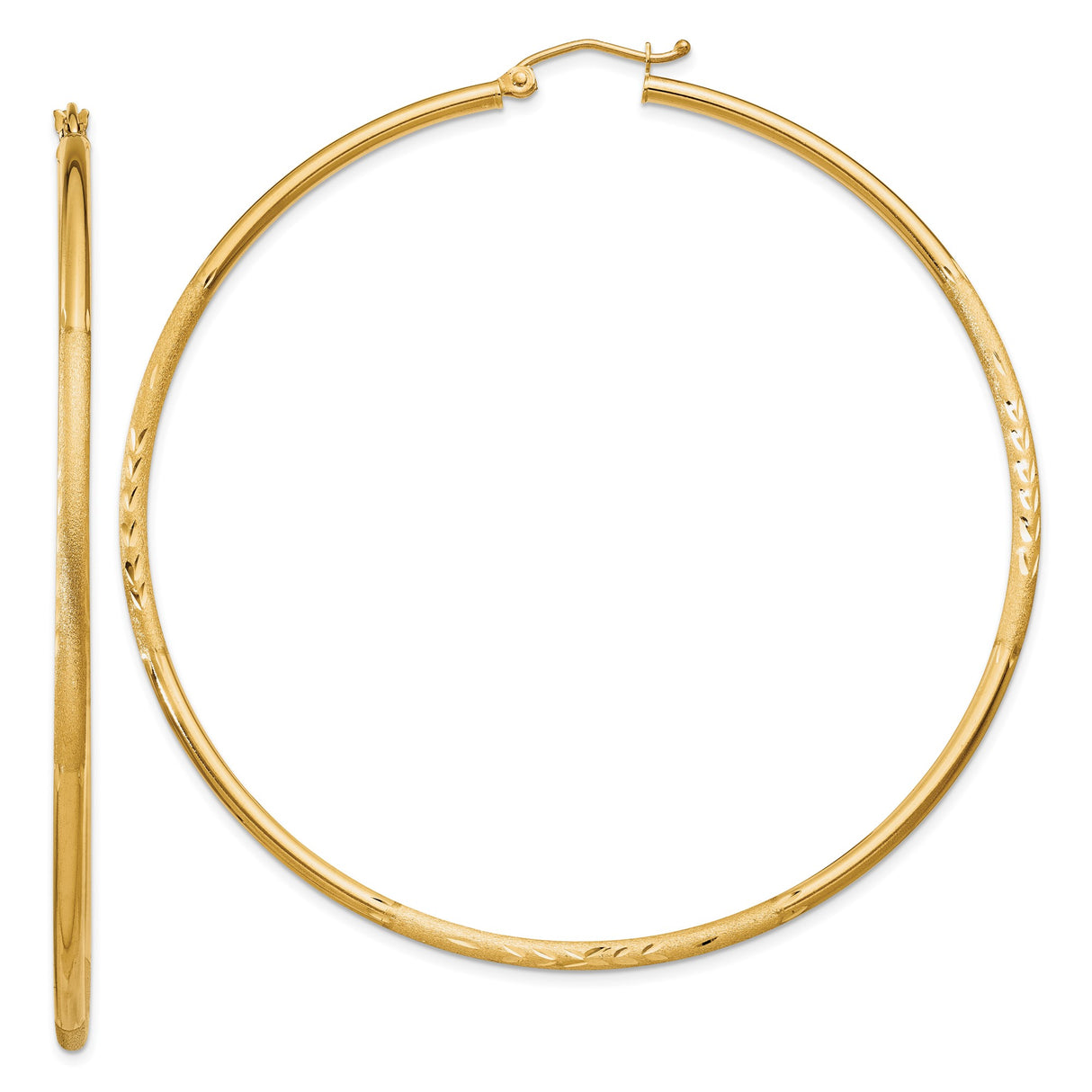 10k Yellow Gold Hoop Earrings, Large Lightweight Design with Polished Finish and Leaf Accents