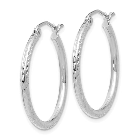 10k White Gold Hoop Earrings, Diamond-Cut Texture, Classic Round Tube with Latch Closure