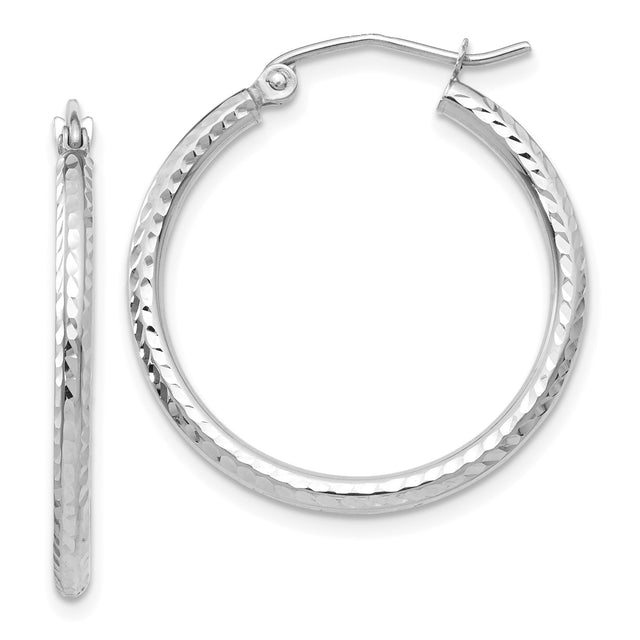 10k White Gold Hoop Earrings, Diamond-Cut Texture, Classic Round Tube with Latch Closure
