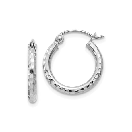 10k White Gold Hoop Earrings with Hammered Finish and Latch-Back Closure