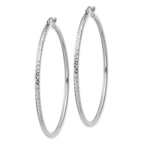 10k White Gold Hoop Earrings, Large Round Tube with Diamond Cut Texture and Polished Finish