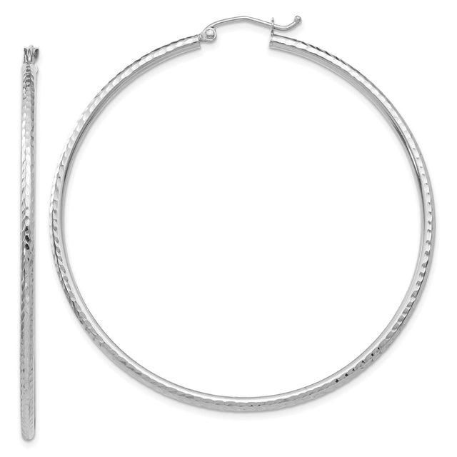 10k White Gold Hoop Earrings, Classic Round Polished Hoops with Hammered Finish
