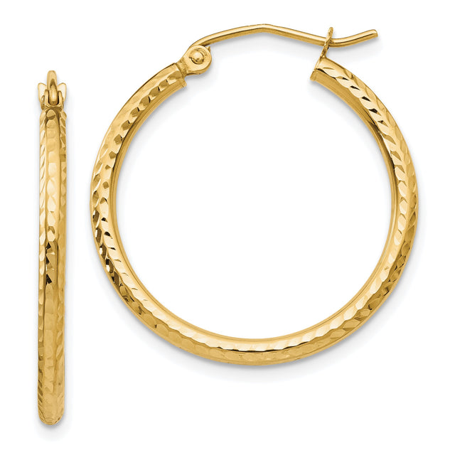 10k Yellow Gold Hoop Earrings, Lightweight Hammered Tube Style with Textured Finish for Women