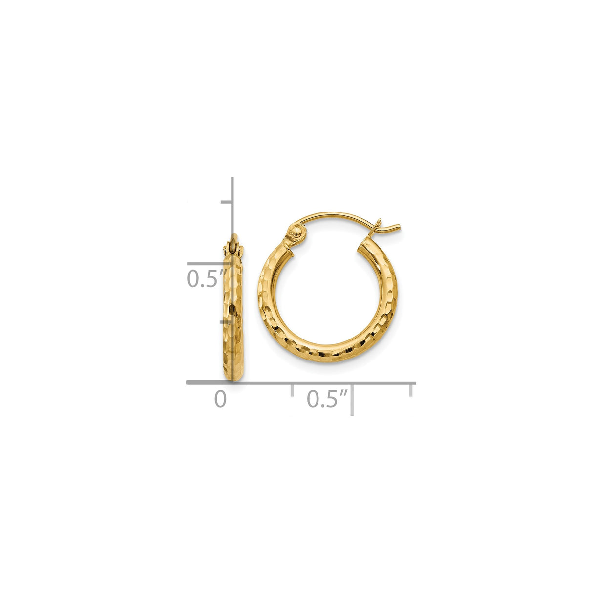 10k Yellow Gold Hoop Earrings, Hammered Textured Round Design, Polished Lightweight Style for Women