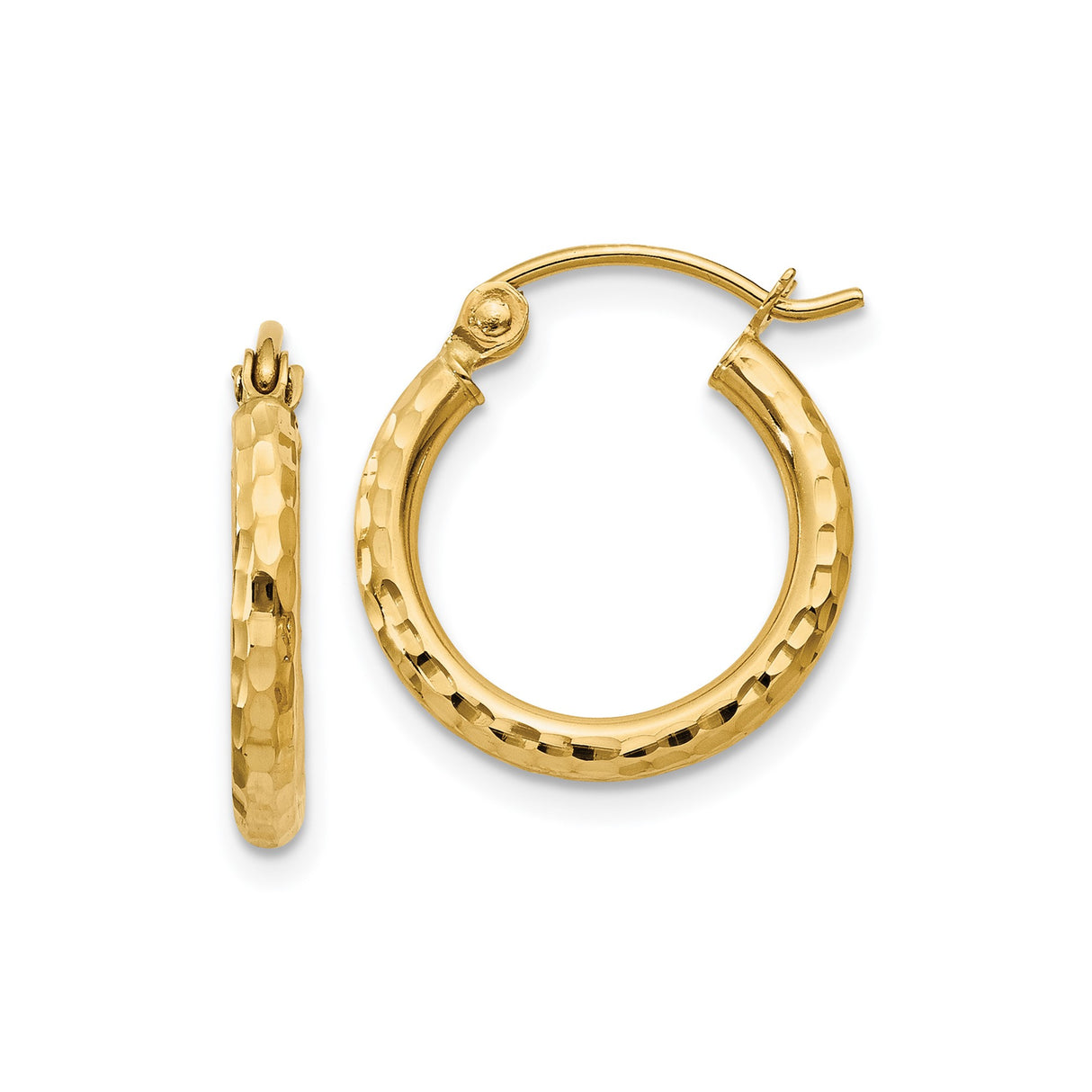 10k Yellow Gold Hoop Earrings, Hammered Textured Round Design, Polished Lightweight Style for Women