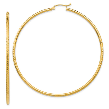 10k Yellow Gold Hoop Earrings, Large Round Hammered and High Polish Finish, Textured Minimalist Style