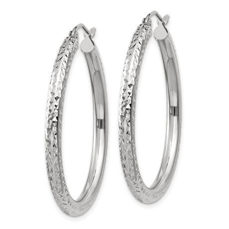 10k White Gold Hoop Earrings, Diamond Cut Textured Design, Lightweight Everyday Jewelry
