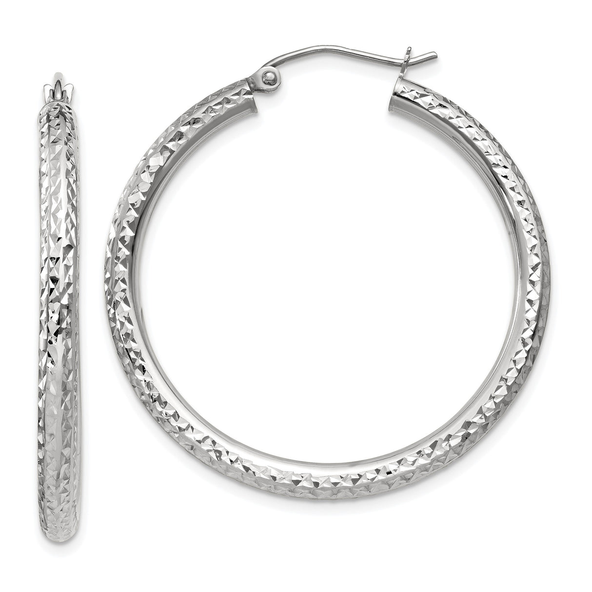 10k White Gold Hoop Earrings, Diamond Cut Textured Design, Lightweight Everyday Jewelry
