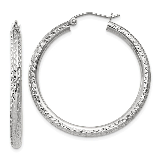 10k White Gold Hoop Earrings, Diamond Cut Textured Design, Lightweight Everyday Jewelry