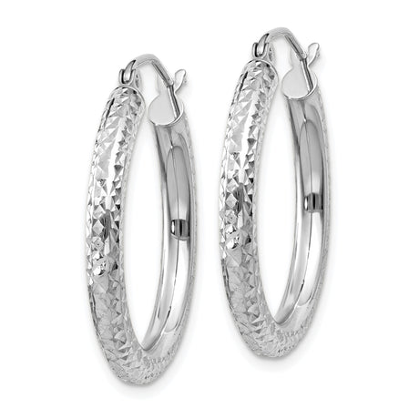 10k White Gold Hoop Earrings, Diamond Cut Textured Medium Hoops, Lightweight Classic Style