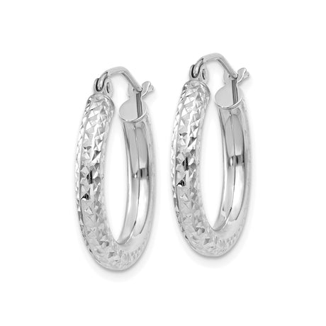 10k White Gold Hoop Earrings, Diamond Cut with Textured Reflective Finish