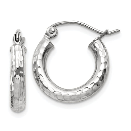10k White Gold Hoop Earrings, Small Round Hammered Texture, Lightweight Everyday Jewelry