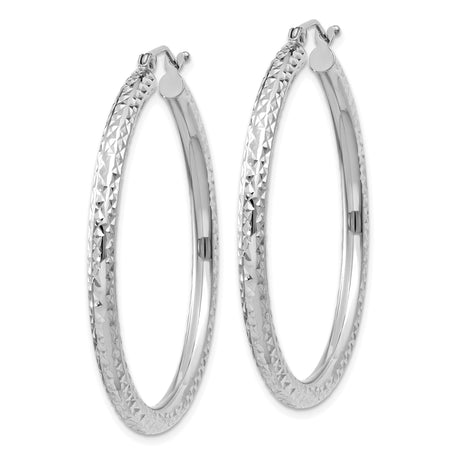 10k White Gold Hoop Earrings, Diamond Cut Textured Design, Lightweight Classic Style