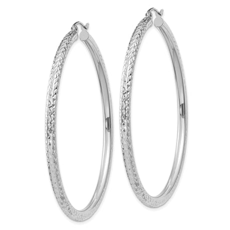 10k White Gold Hoop Earrings, Diamond Cut Textured Round Design, Lightweight Sparkle Finish