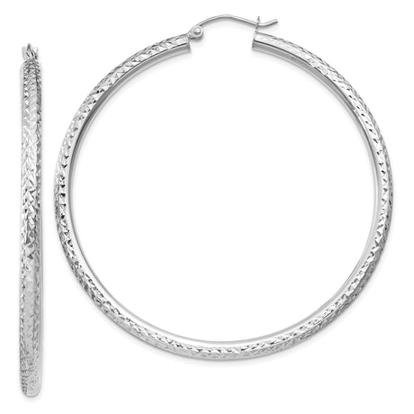 10k White Gold Hoop Earrings, Diamond Cut Textured Round Design, Lightweight Sparkle Finish